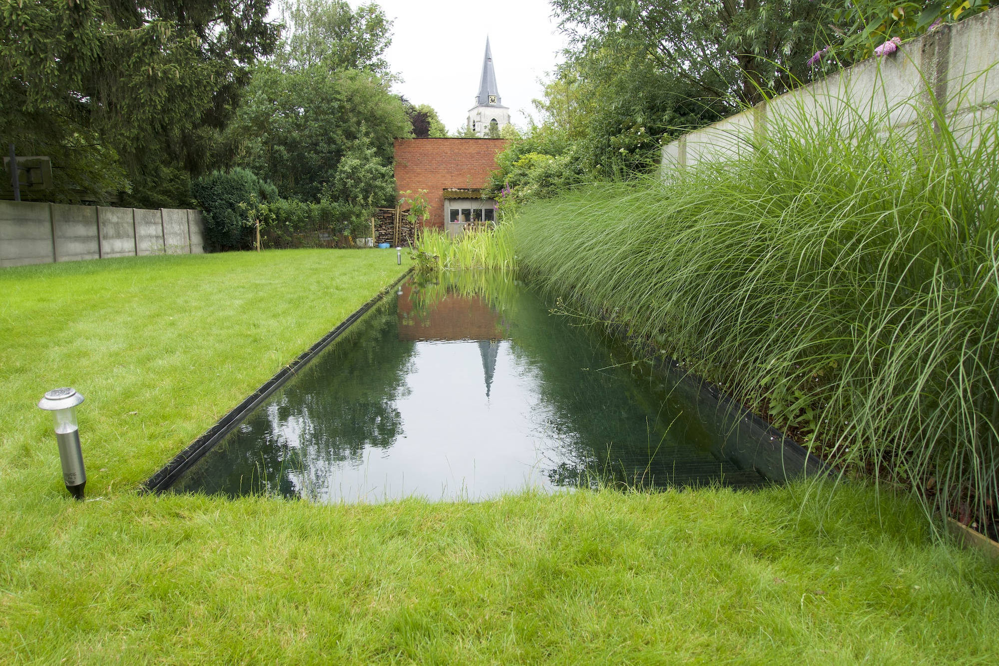 Smalle strakke spiegelvijver met siergrassen en kerktoren